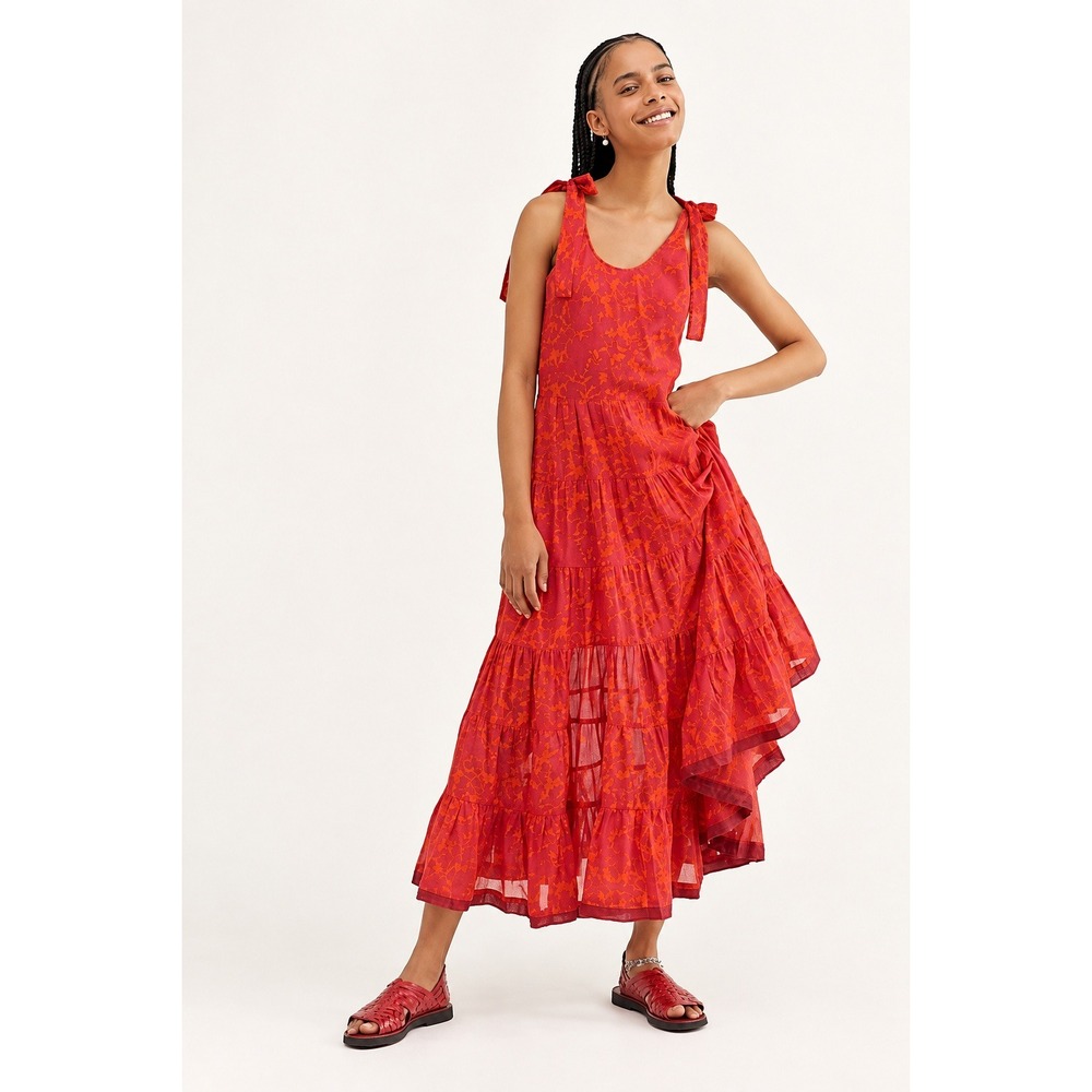 Free People Women's Kikas Midi Dress Red Orange Floral Tiered Boho Sun Dress S
